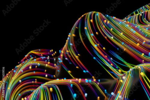 Neon glowing twisted cosmic lines on the glossy surface. Turbulence curls flow colorful motion. Fluid and smooth astronomy vortex swirl structure. 3d rendering Abstract creative modern background