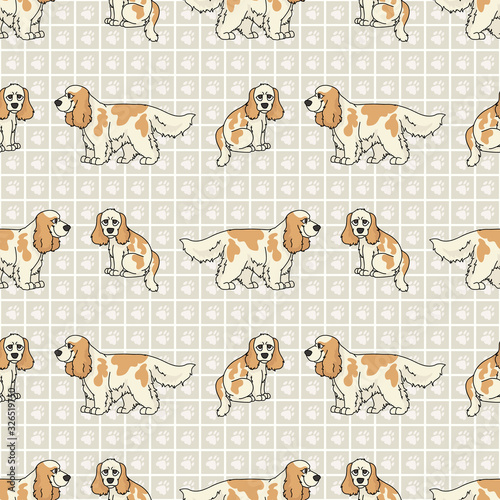 Hand drawn cute cocker spaniel and puppy breed dog seamless vector pattern. Purebred pedigree domestic dog on paw background. Dog lover English hunting pet all over print. Kennel pooch. EPS 10. 