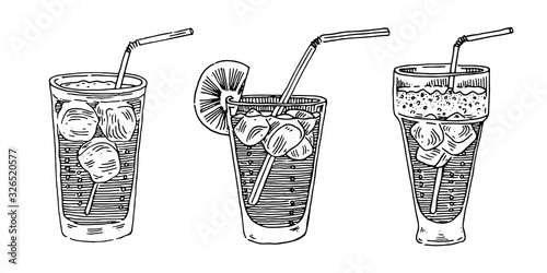 Cola with ice, a glass with a straw, set of vector images. Vector graphics for labels, menus, packaging design, advertising, interior designs and food service signage