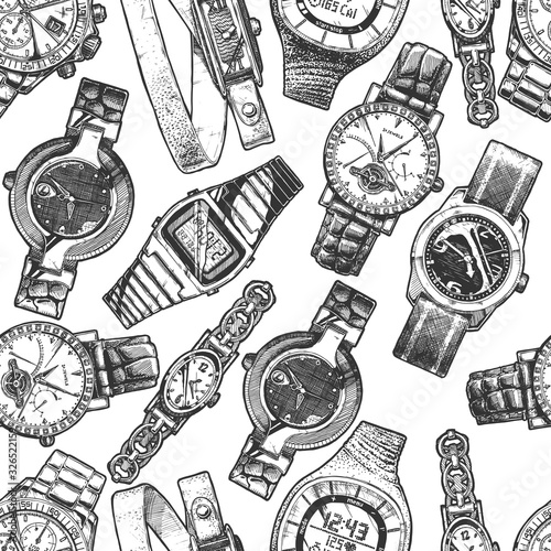 Photography Seamless pattern with different wristwatches.