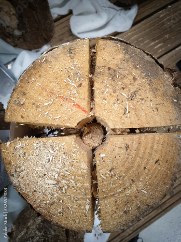 Close-up view of the Finnish candle with wick and shavings not yet burning.