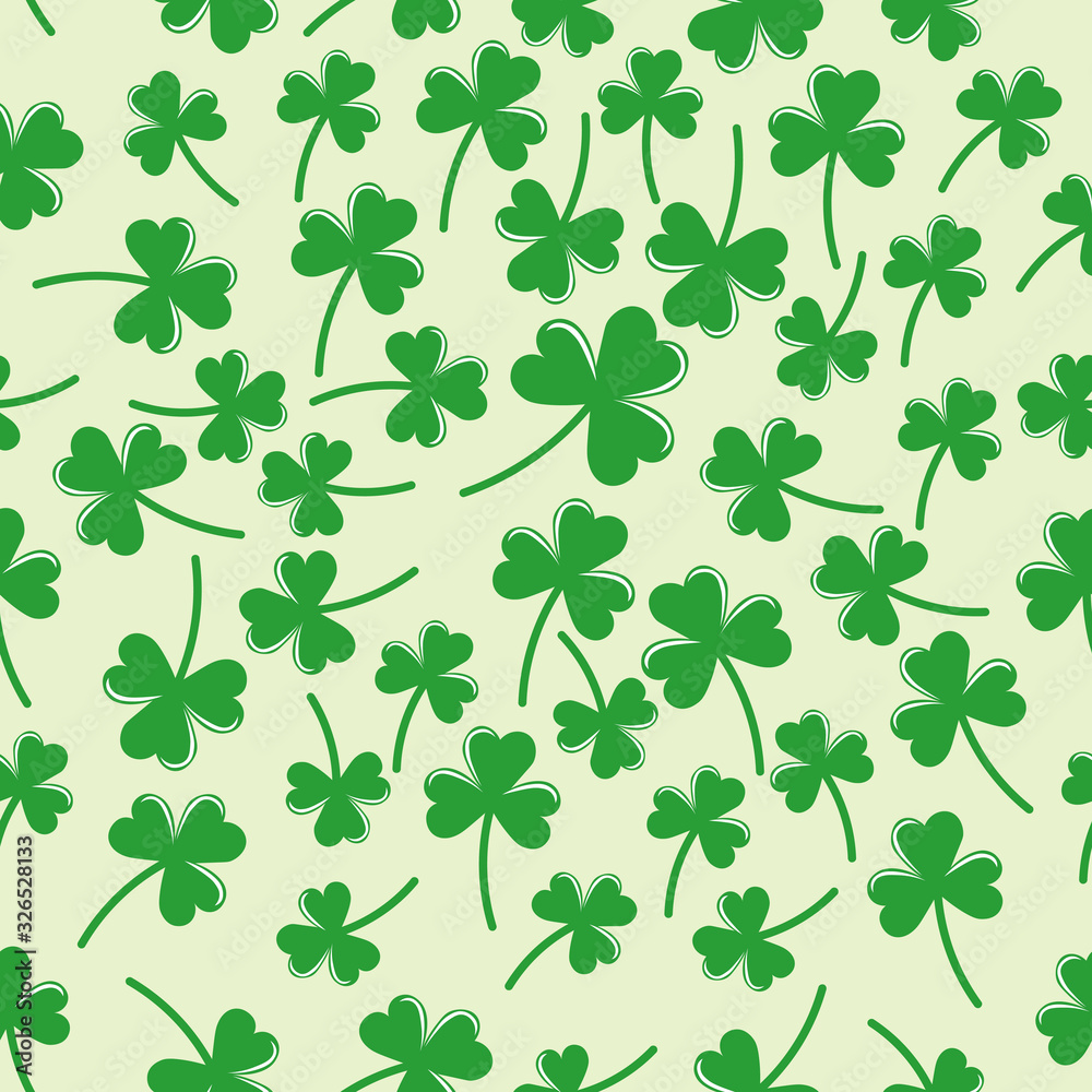 Seamless pattern with green clover the symbol of St. Patrick's day. Vector illustration hand drawn in doodle on color background for design, kids decor, wrapping, textile