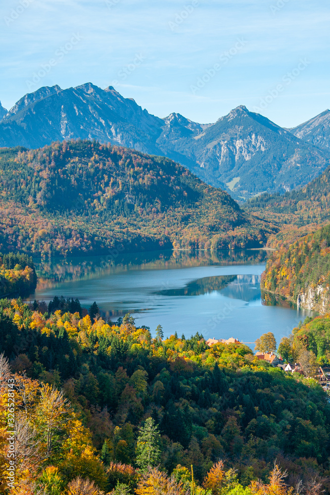 Fototapeta premium aerial view of Alpsee with Hohenschwangau castle, Bavaria