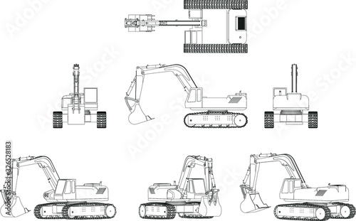 Power Shovel Line Vector. The Third Angle figure and Isometric Drawings.