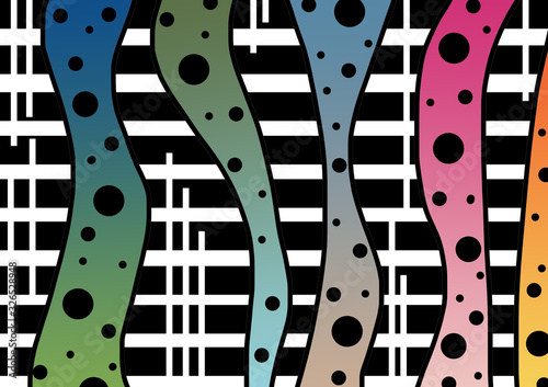 modern futuristic background. Gradient abstract shapes with black dots and black and white stripes. Straight composition 