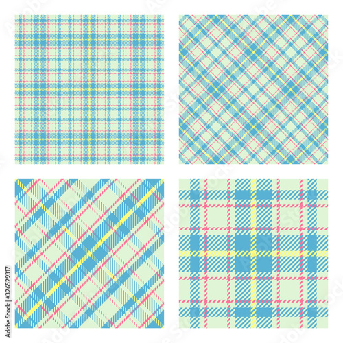 Set of 2 seamless patterns. Scottish tartan plaid. Pastel spring colors. Trendy tiles. Vector included pattern swatches.  Good for home decor, textile, wrapping and other.