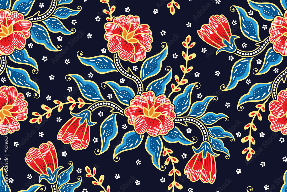 Seamless pattern with floral vector Illustration, Tropical batik motif