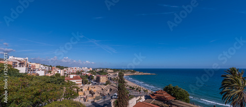Coast of Tarragona in sunny day, Catalunya, Spain. Copy space for text.