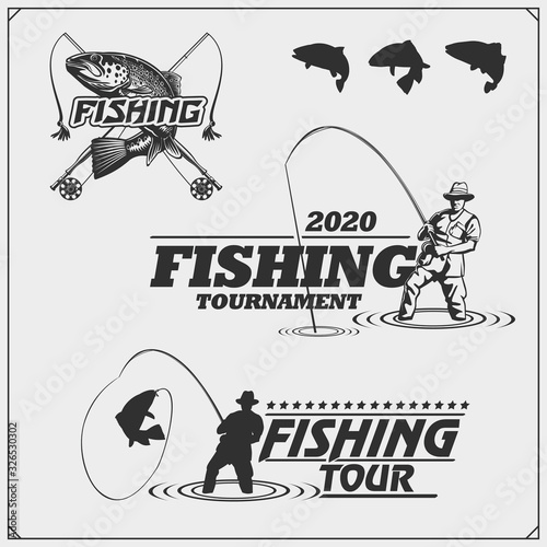 Set of retro fishing labels, badges, emblems and design elements. Vintage style design.