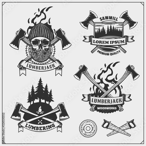 Set of Lumberjack labels, badges and design elements. Joinery and hand made emblems. Vintage style. Print design for t-shirt. 