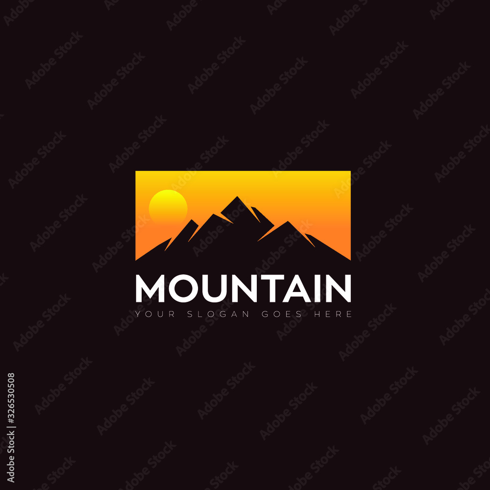 Adventure outdoor rocky mountains with sunset logo Adventure outdoor rocky mountains with sunset logo