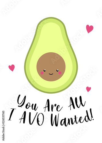 Cute avocado character and hearts on white background. Funny quote. Trendy lettering. Cartoon style. Vector illustration