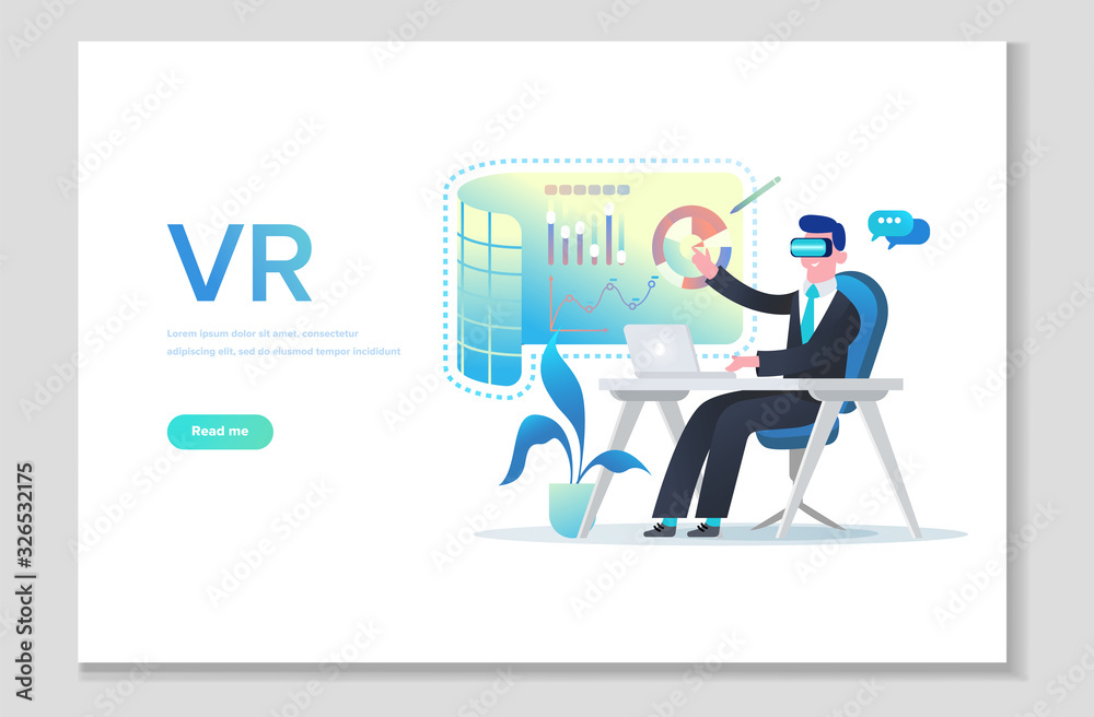 Website page shows all the privileges of using VR technology for presentations, learning and online conferences. Augmented reality concept banner with character Website page shows all the privileges of using VR technology for presentations, learning and online conferences. Augmented reality concept banner with character