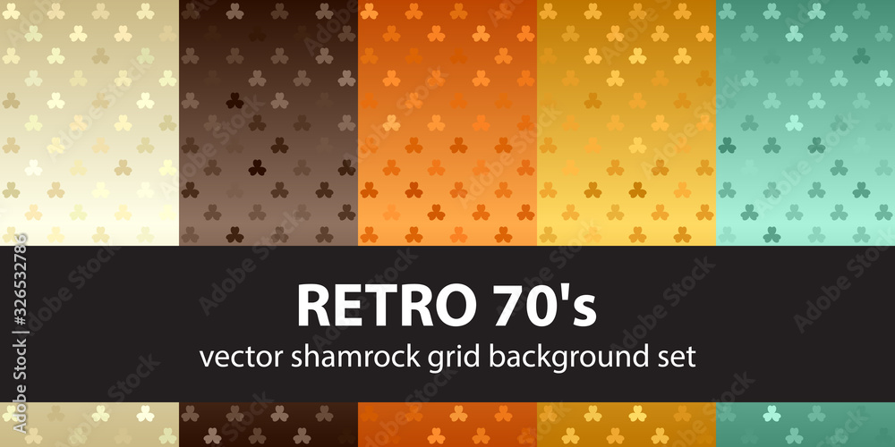 Shamrock pattern set Retro 70s. Vector seamless backgrounds