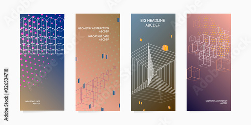 Set cards lines cubes modern geometric abstract background covers. Trendy gradient composition, vector covers design