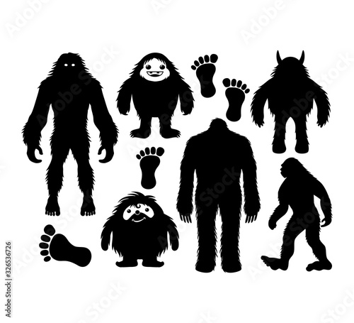 hairy bigfoot and cute yeti character silhouette vector graphic design set photo