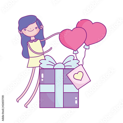 happy valentines day, girl with gift box and balloons shaped hearts love