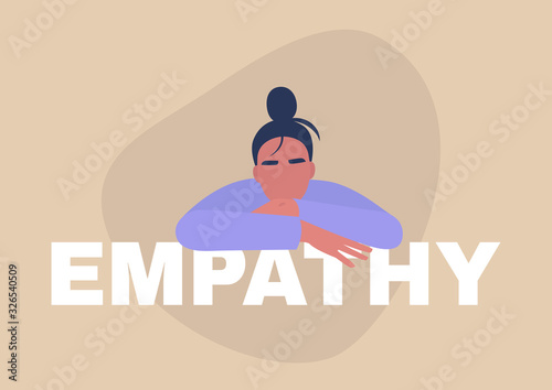 Empathy, young female character leaning on the sign and listening, human relationships, soft skills, emotional intelligence