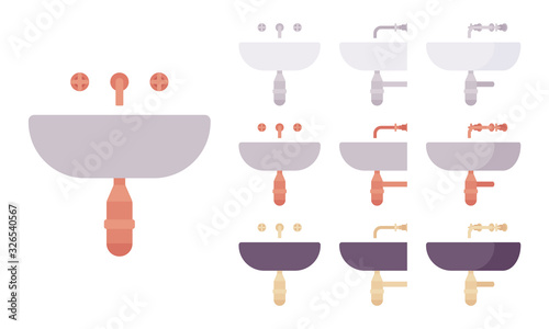 Bathroom wash basin sink vessel for toilet, lavatory kitchen corner. Home, office, hotel restroom sanitary application. Vector flat style cartoon illustration, different colors and view