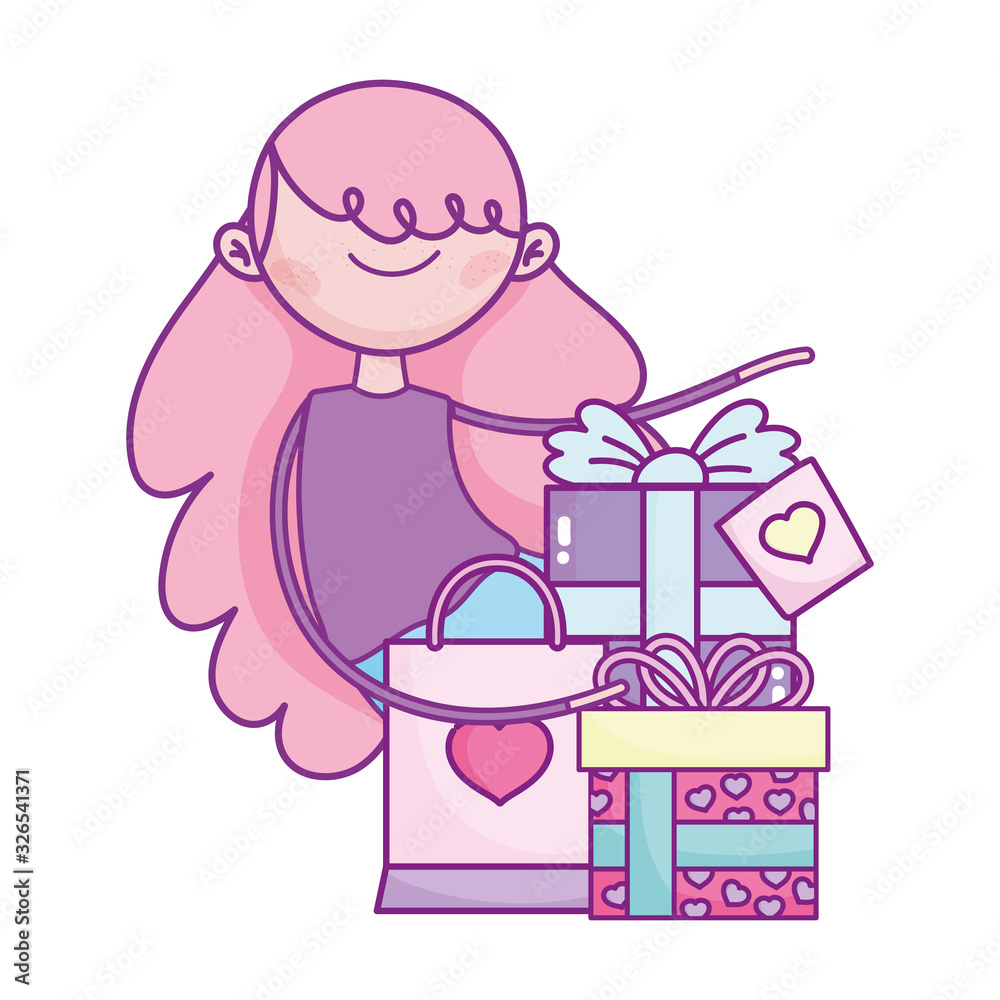 happy valentines day, girl with gifts and shopping bag celebration happy valentines day, girl with gifts and shopping bag celebration