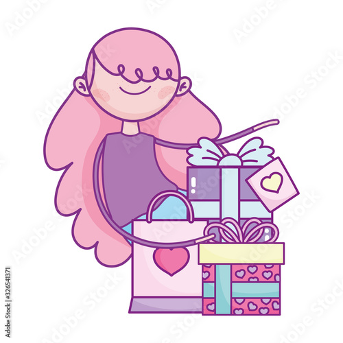 happy valentines day, girl with gifts and shopping bag celebration