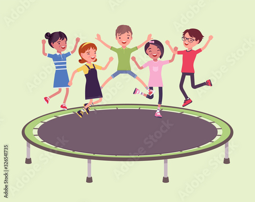 Trampoline jump kids entertainment. Outdoor bounce equipment for children, family and school fun, playtime sport activity, exciting birthday party with friends. Vector flat style cartoon illustration