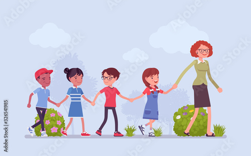 Children walking in line with a teacher. Kids going outdoor, safe elementary school or kindergarten road and street hiking for fun, education. Vector flat style cartoon illustration