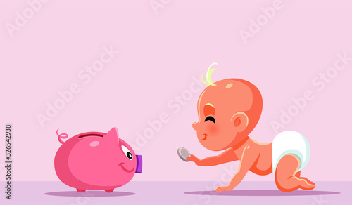 Baby with Piggy Bank Saving Money Vector Cartoon