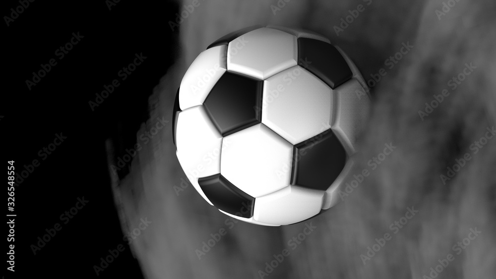 White-Black Soccer ball with dark toned foggy smoke background. 3D sketch design and illustration. 3D high quality rendering. 