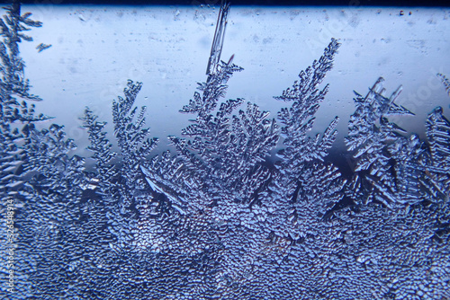 Photographing macro ice on the glass in winter Patterned like leaves