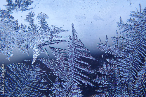 Photographing macro ice on the glass in winter Patterned like leaves