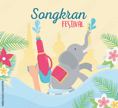 songkran festival hand with water gun elephant water flowers