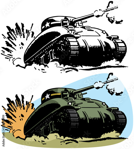 A drawing of a World War II era American and British tank. 