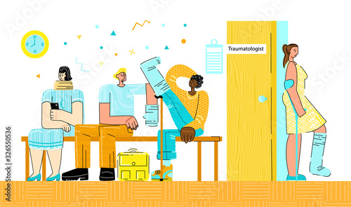 Vector illustration queue patients with fractures and plaster at office traumatologist. Concept organization medical activity, advantages electronic recording or emergency assistance in traumatology.