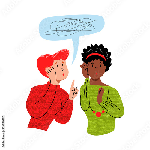 Vector flat illustration communication, gossip, friends, two women about different things. One whispers something in other s ear. Concept information exchange, misinformation, secrets, public news