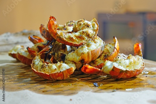 фотографія Plate of freshly grilled spiny lobster tails
