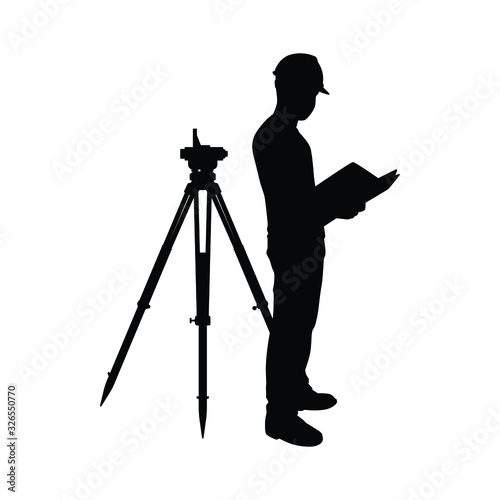Engineer with theodolite silhouette vector. Industrial technology concept.