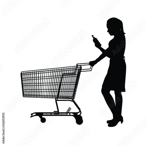 Shopping woman and cart silhouette vector