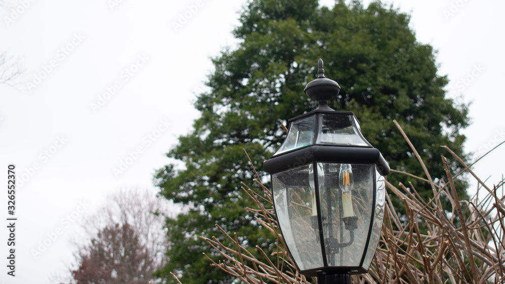 A Turned off black metal lamp post With Glass Windows, and a tree in the background, against a cloudy gray sky.