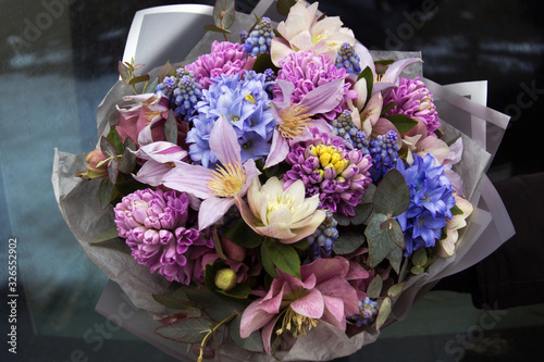 Photography Beautiful elegant designer pink purple blue bouquet of florist with different flowers close-up