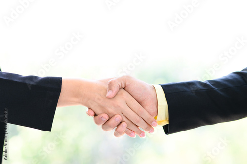 Businessman and businesswoman handshake with blurred background. Business partnership meeting concept.