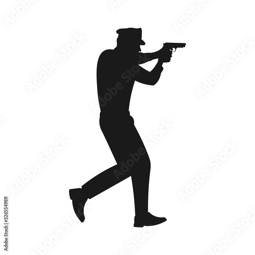 Silhouette of a police aiming a 9mm handgun pistol. Police making arrest. Police catching outlaw or criminal. Danger or dangerous. Crime scene sign or symbol - Vector illustration.