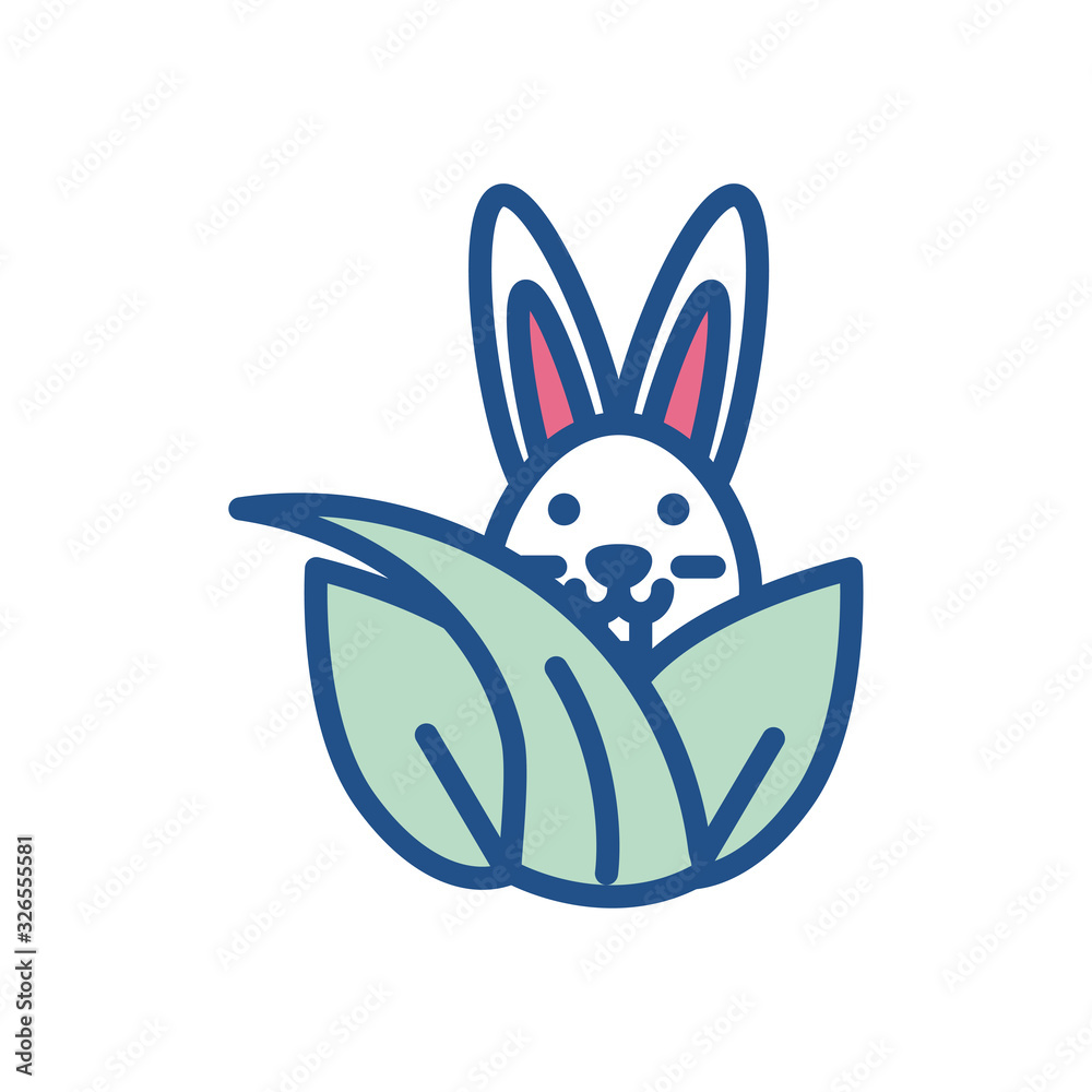 Fotografie leaves with cute rabbit, line style icon
