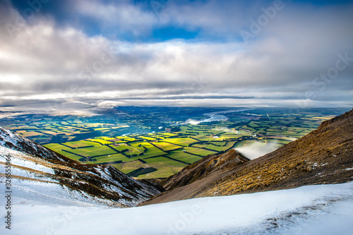 Winter New Zealand landscape in the mountains. View from Mt Hutt New Zealand overlooking canterbury plains. Scenic amazing landscape view in winter from mountain peaks. photo