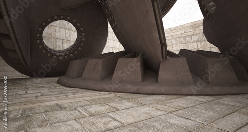 Abstract architectural concrete interior with discs. 3D illustration and rendering.