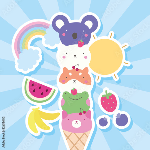 cute little animals in ice cream cones kawaii characters