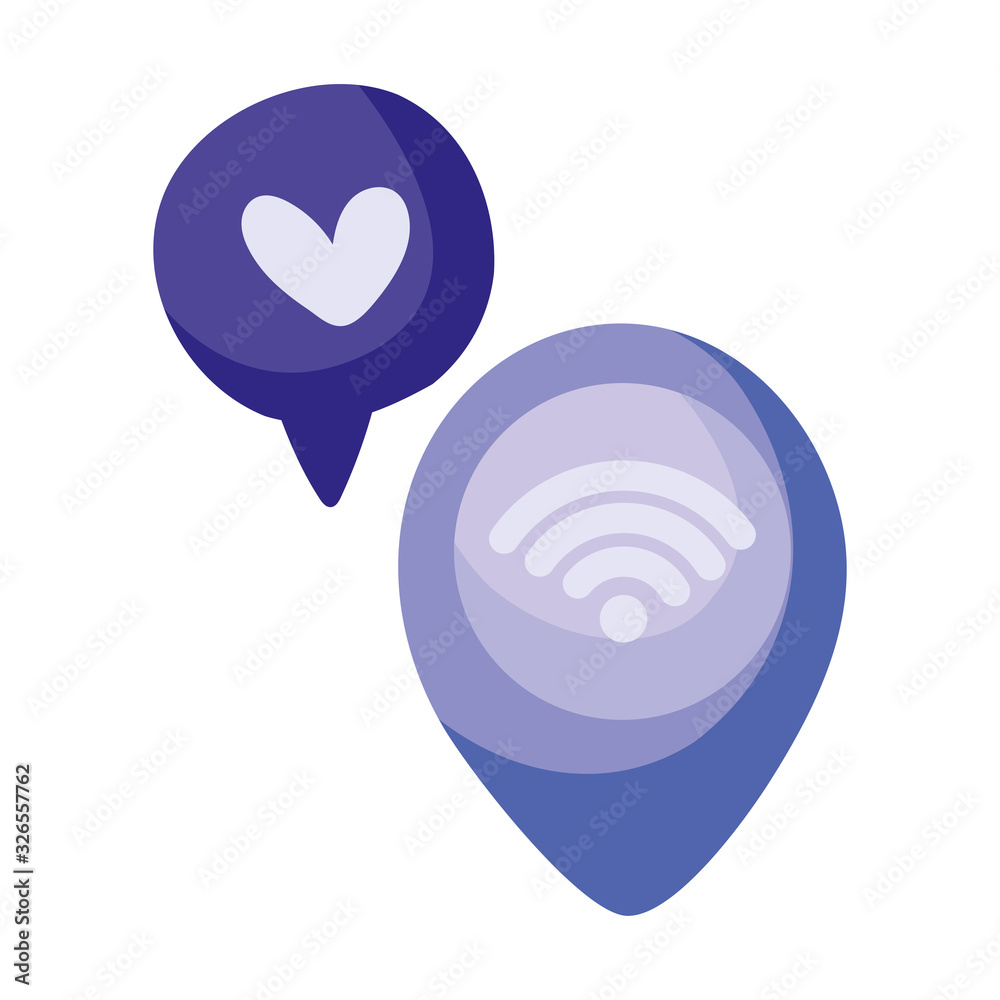 location pin and speech bubbles with heart icon, colorful design