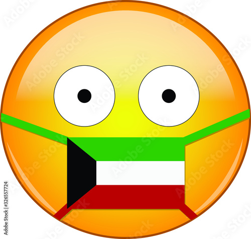 Yellow scared emoji in Kuwaiti medical mask protecting from SARS, coronavirus, bird flu and other viruses, germs and bacteria and contagious disease as well as toxic smog and air pollution in Kuwait.