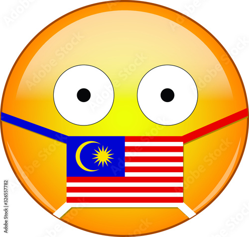 Yellow scared emoji in Malaysian medical mask protecting from SARS, coronavirus, bird flu and other viruses, germs and bacteria and contagious disease as well as toxic smog and pollution in Malaysia