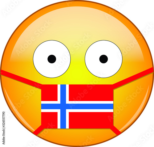 Yellow scared emoji in Norwegian medical mask protecting from SARS, coronavirus, bird flu and other viruses, germs and bacteria and contagious disease as well as toxic smog and air pollution in Norway